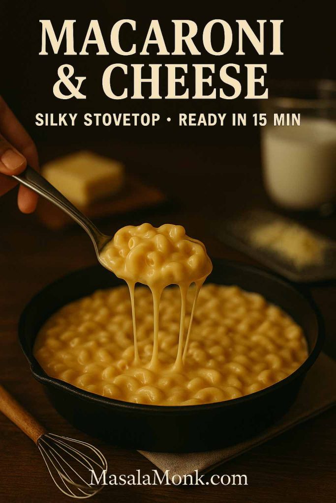 Hand lifting a spoonful of silky stovetop macaroni and cheese from a cast-iron skillet; cheese strands and warm milk in background.