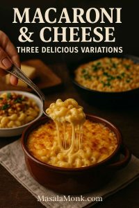 Hand lifting a gooey spoonful from a golden baked macaroni and cheese, with two creamy variations in the background—portrait cover for a macaroni and cheese recipe by MasalaMonk.