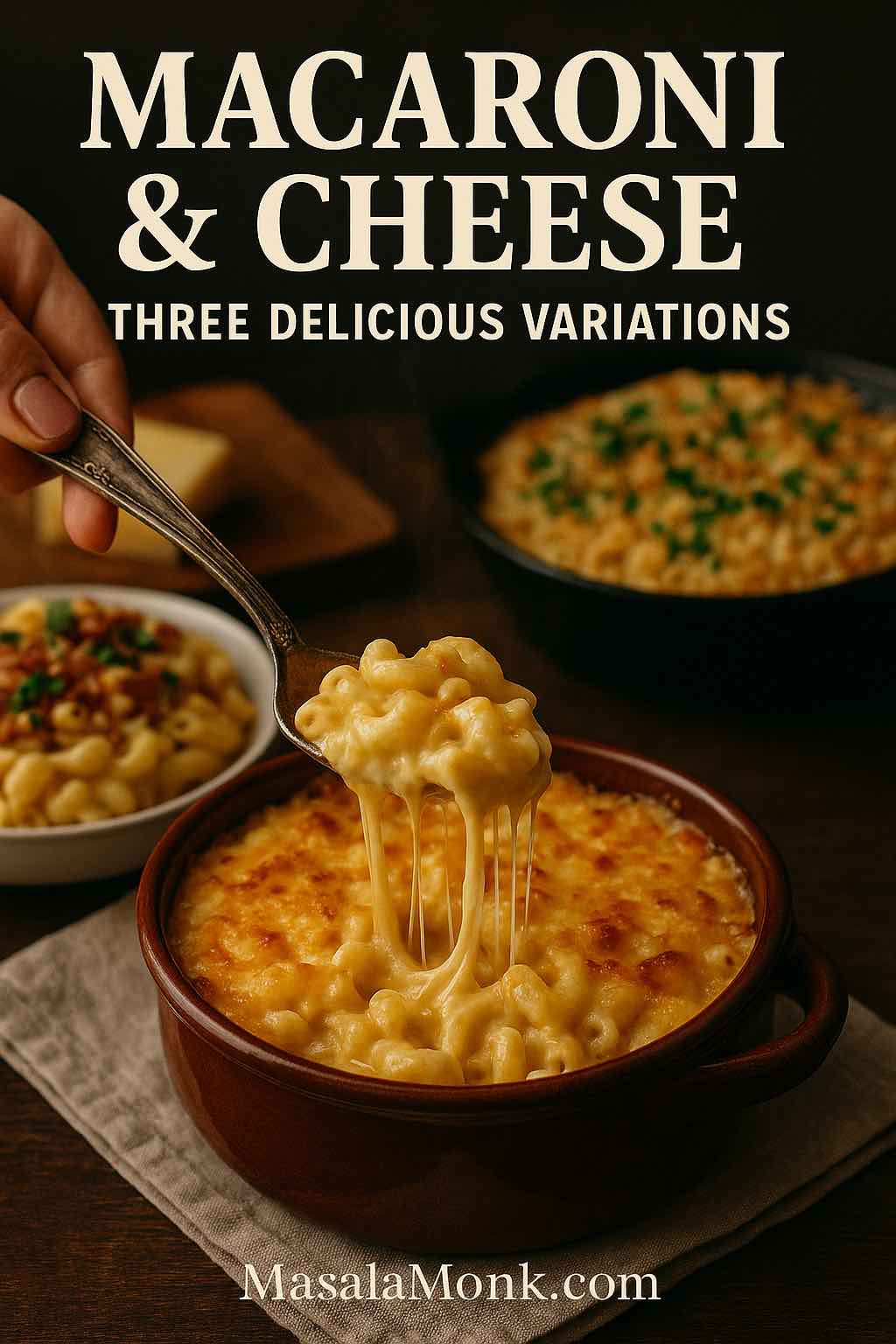 Hand lifting a gooey spoonful from a golden baked macaroni and cheese, with two creamy variations in the background—portrait cover for a macaroni and cheese recipe by MasalaMonk.