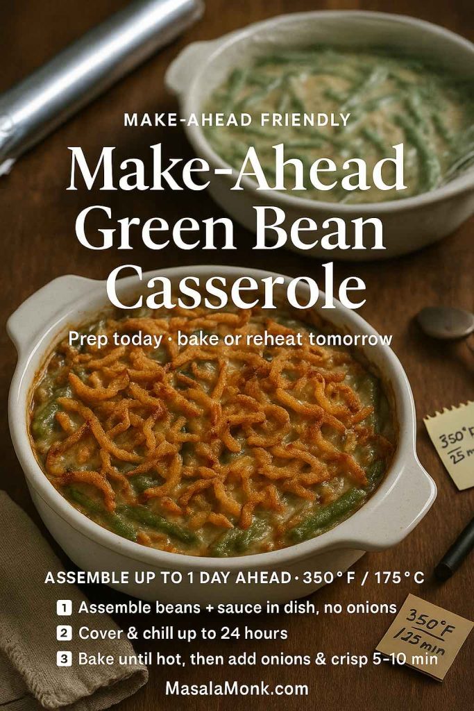 Make-ahead green bean casserole in a white baking dish topped with crispy onions, with a second unbaked casserole in the background and text overlay showing how to assemble, chill and bake it ahead of time, plus MasalaMonk.com branding.