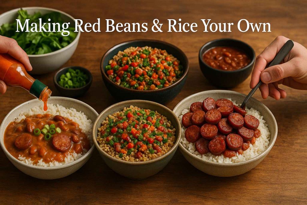 Three bowls of red beans and rice showing different variations: classic with hot sauce, vegetarian over grains with vegetables, and sausage-loaded, with hands adding sauce and stirring.