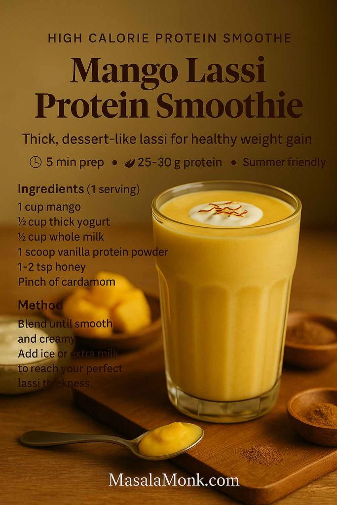Mango Lassi Protein Smoothie high calorie protein shake recipe card showing a thick yellow mango lassi in a glass with yogurt, mango pieces and cardamom on a wooden board, from MasalaMonk.com
