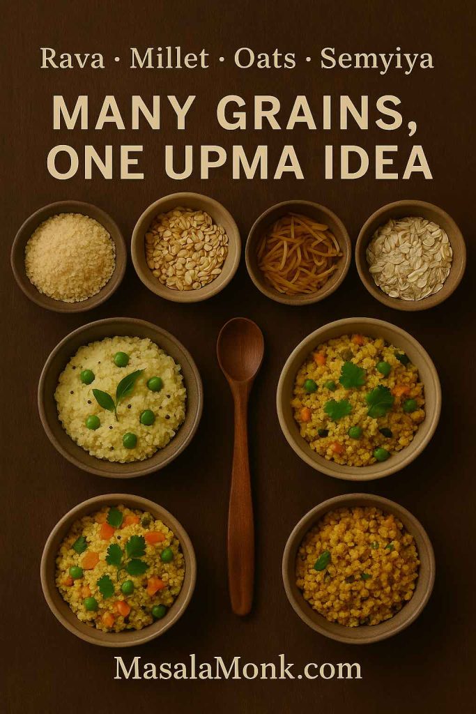 Flatlay of small bowls showing raw rava, millet, semiya and oats at the top, with cooked rava, vegetable millet and semiya upma in bowls below and a wooden spoon in the centre, illustrating that many grains can be used to make upma.