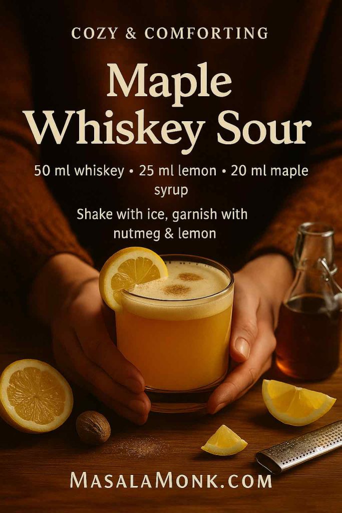 Cozy maple whiskey sour recipe card showing a golden whiskey sour in a rocks glass held by hands in a warm sweater, with lemon wedges, nutmeg, maple syrup bottle and text listing 50 ml whiskey, 25 ml lemon and 20 ml maple syrup.