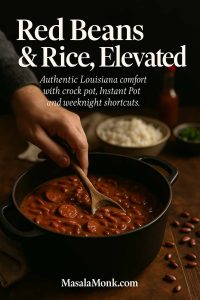Hand stirring creamy Louisiana red beans and sausage in a black Dutch oven with rice in the background, cover image for authentic red beans and rice recipe.
