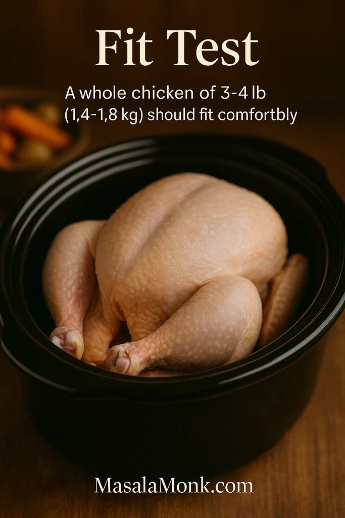 Wrapped whole chicken placed inside a slow cooker with the lid resting flat, illustrating how to check that a whole chicken fits properly and only fills about half to two-thirds of the crock.