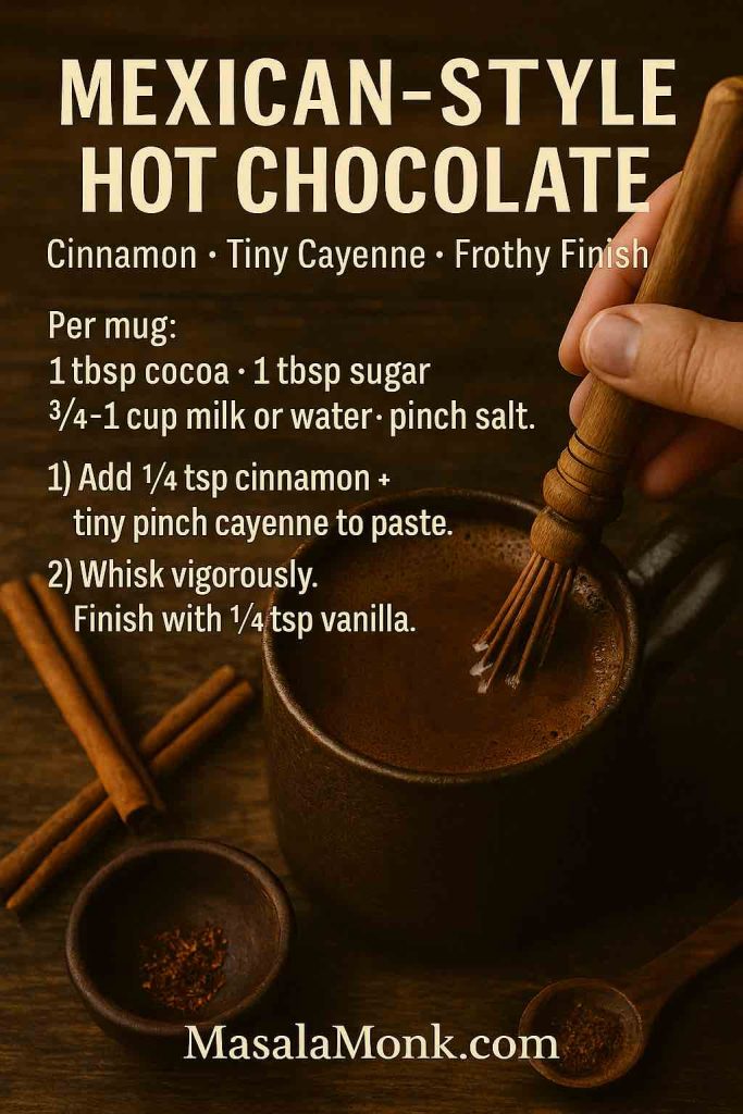 Mexican-style hot chocolate recipe card: hand whisking with a molinillo in a rustic mug, with cinnamon sticks and cayenne; per-mug ratios and steps visible.