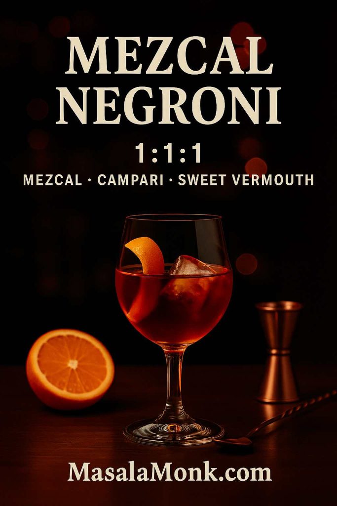 Mezcal Negroni recipe card with 1:1:1 proportions—mezcal, Campari, sweet vermouth—in a stemmed glass over ice, orange peel garnish, copper jigger and bar spoon.
