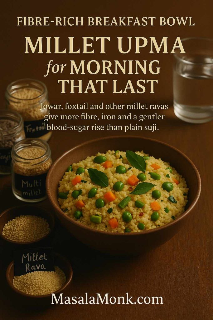 Portrait photo of a fibre-rich millet upma bowl with peas, carrots and curry leaves on a wooden table, surrounded by jars labelled multi millet, foxtail and millet rava, with text describing millet upma as a breakfast that gives more fibre, iron and a gentler blood-sugar rise than plain suji.