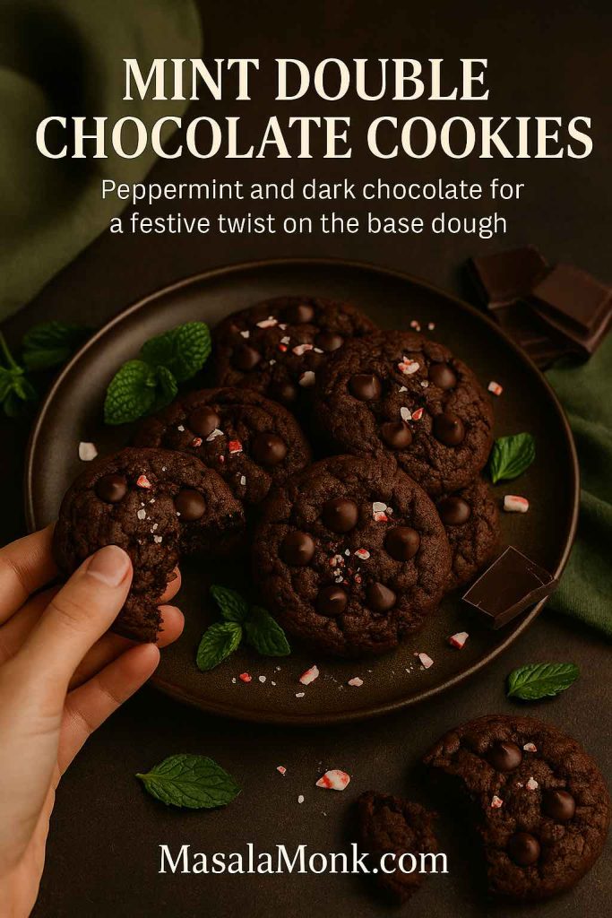 Hand holding a mint double chocolate cookie from a dark plate of cookies topped with chocolate chips, crushed peppermint and fresh mint leaves, with dark chocolate pieces around the plate.