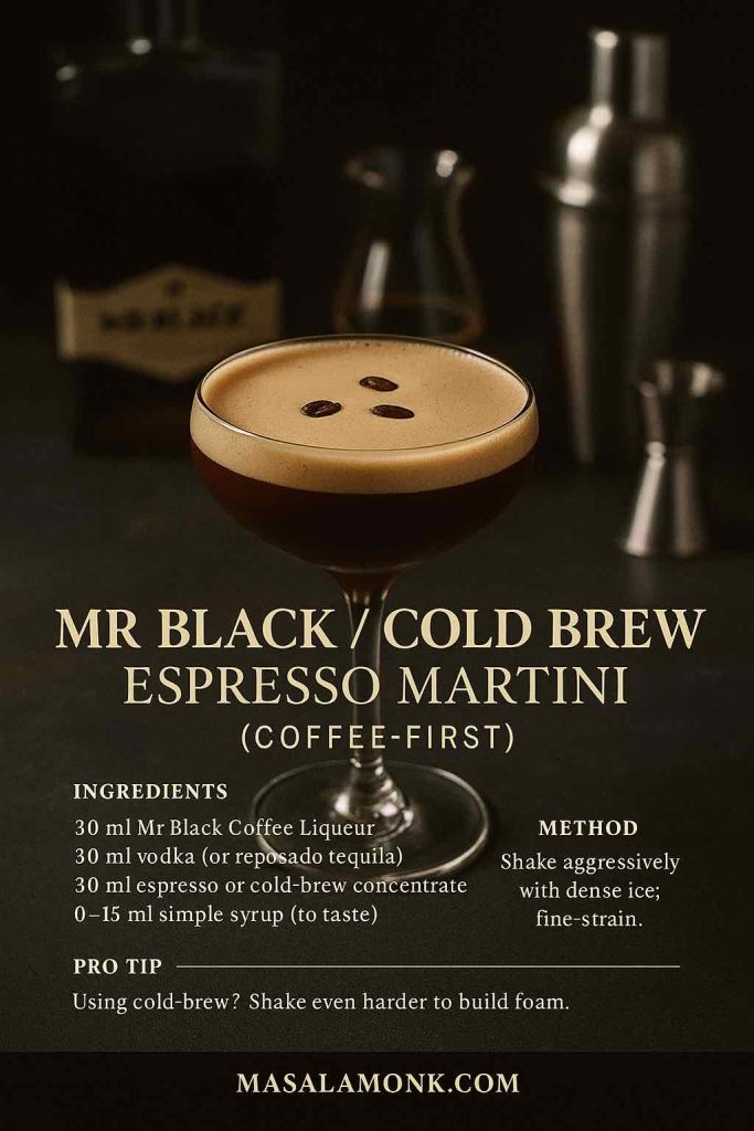 Recipe card: Mr Black Cold Brew Espresso Martini—30 ml Mr Black, 30 ml vodka or reposado tequila, 30 ml espresso/cold-brew; shake hard, fine-strain.