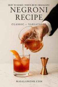 Negroni Recipe cover showing the classic 1:1:1 pour (gin, Campari, sweet vermouth) with orange twist and copper jigger—highlighting White, Rum and Sbagliato variations.