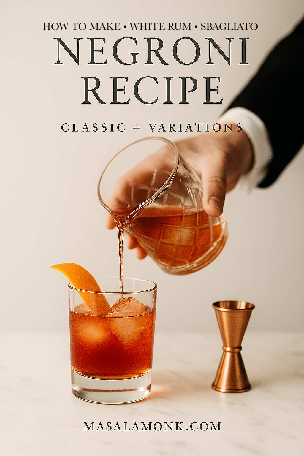 Negroni Recipe cover showing the classic 1:1:1 pour (gin, Campari, sweet vermouth) with orange twist and copper jigger—highlighting White, Rum and Sbagliato variations.
