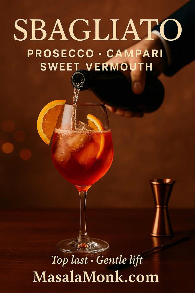 Negroni Sbagliato recipe card with prosecco poured over ice into a wine glass of Campari and sweet vermouth, orange slice garnish, copper jigger and bar spoon.