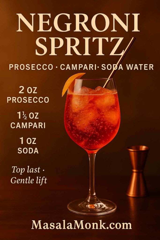 Negroni Spritz recipe card in a large wine glass with orange twist—2 oz prosecco, 1½ oz Campari, 1 oz soda—bubbles visible; copper straw and jigger; MasalaMonk.com footer.