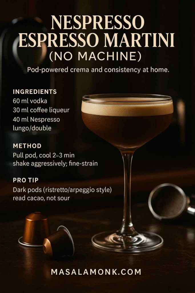 Recipe card: Nespresso Espresso Martini—60 ml vodka, 30 ml coffee liqueur, 40 ml pod lungo; shake hard, fine-strain; glossy crema in coupe.