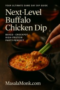 Hand dipping a celery stick into a bubbling buffalo chicken dip in a cast iron skillet on a wooden table