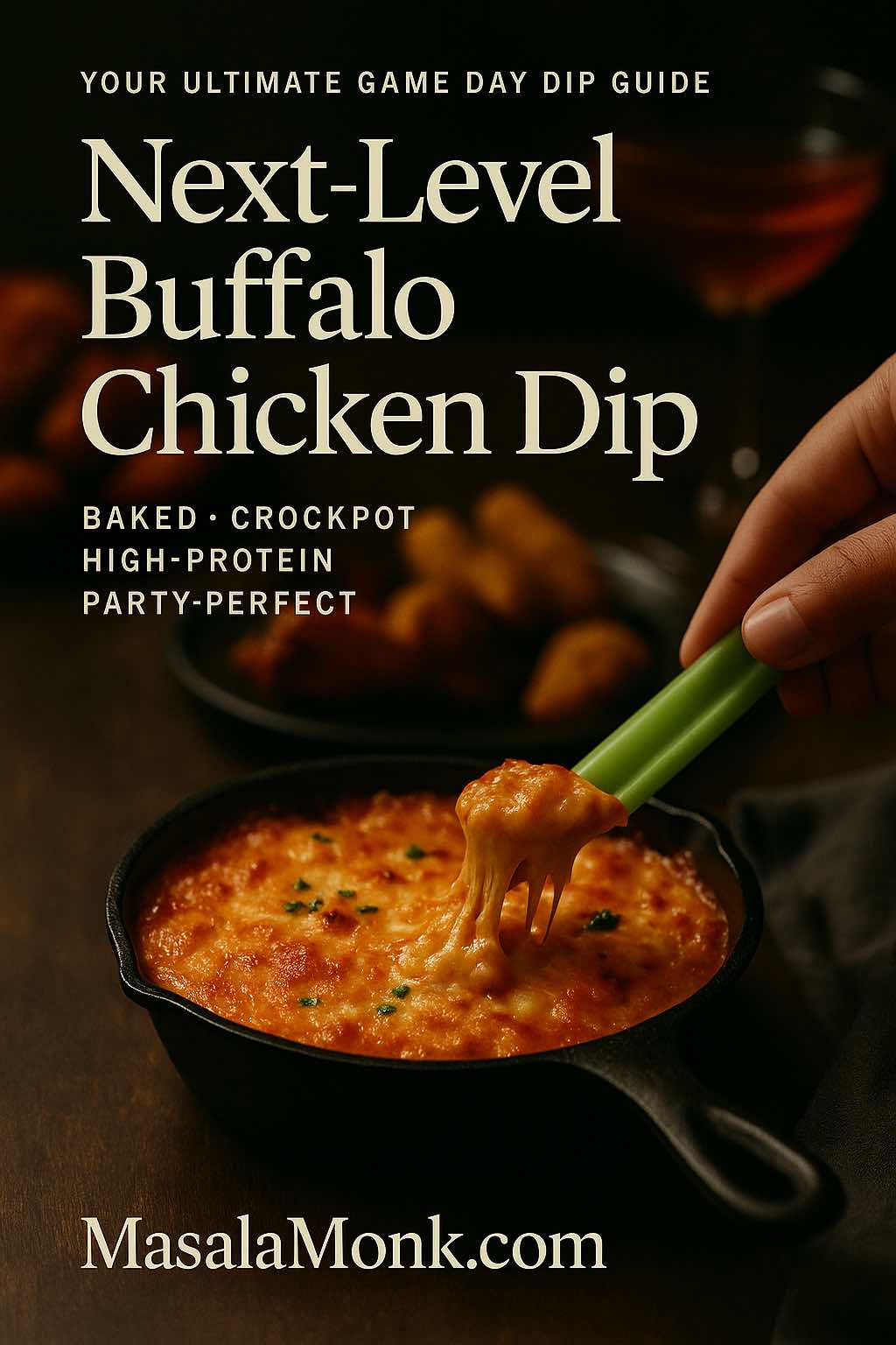 Hand dipping a celery stick into a bubbling buffalo chicken dip in a cast iron skillet on a wooden table