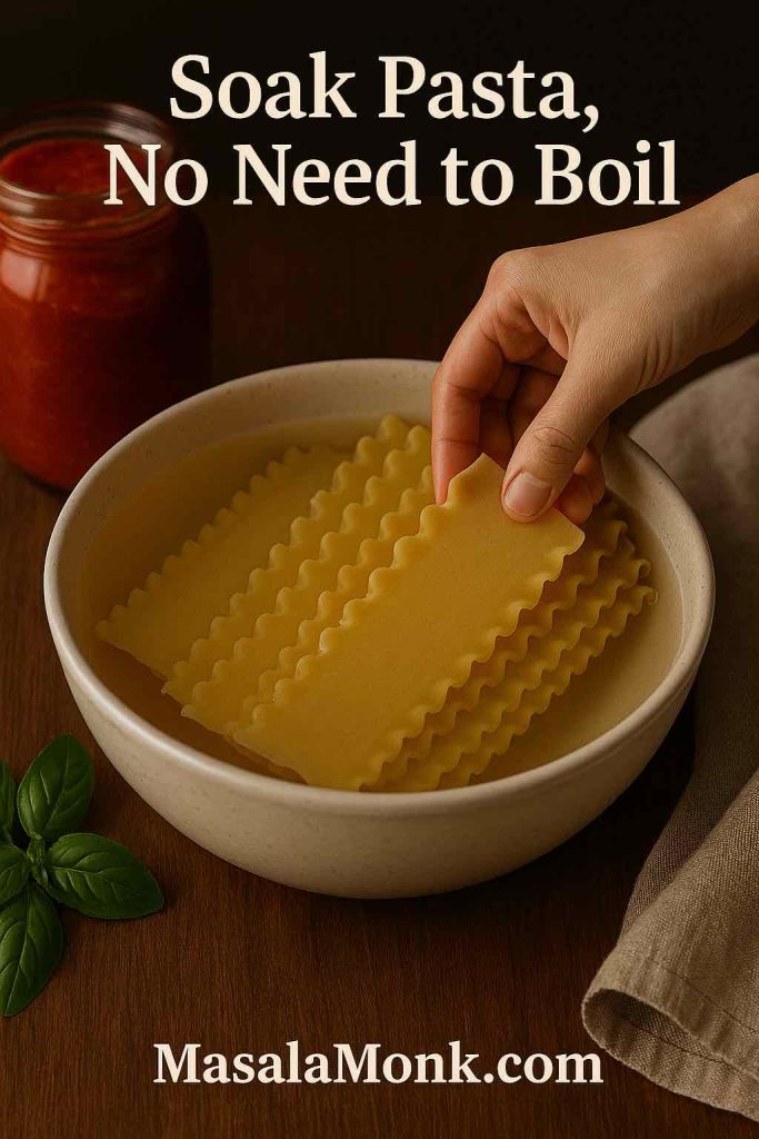 Hand soaking oven-ready lasagna sheets in warm water to hydrate before assembly for tender edges.
