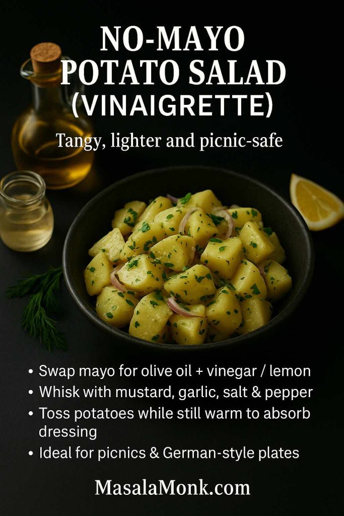 Recipe card showing a bowl of no-mayo potato salad dressed with olive oil vinaigrette, red onion and parsley, with tips to swap mayo for olive oil and vinegar or lemon, whisk with mustard and garlic, toss potatoes while warm and serve as a lighter picnic-friendly potato salad.