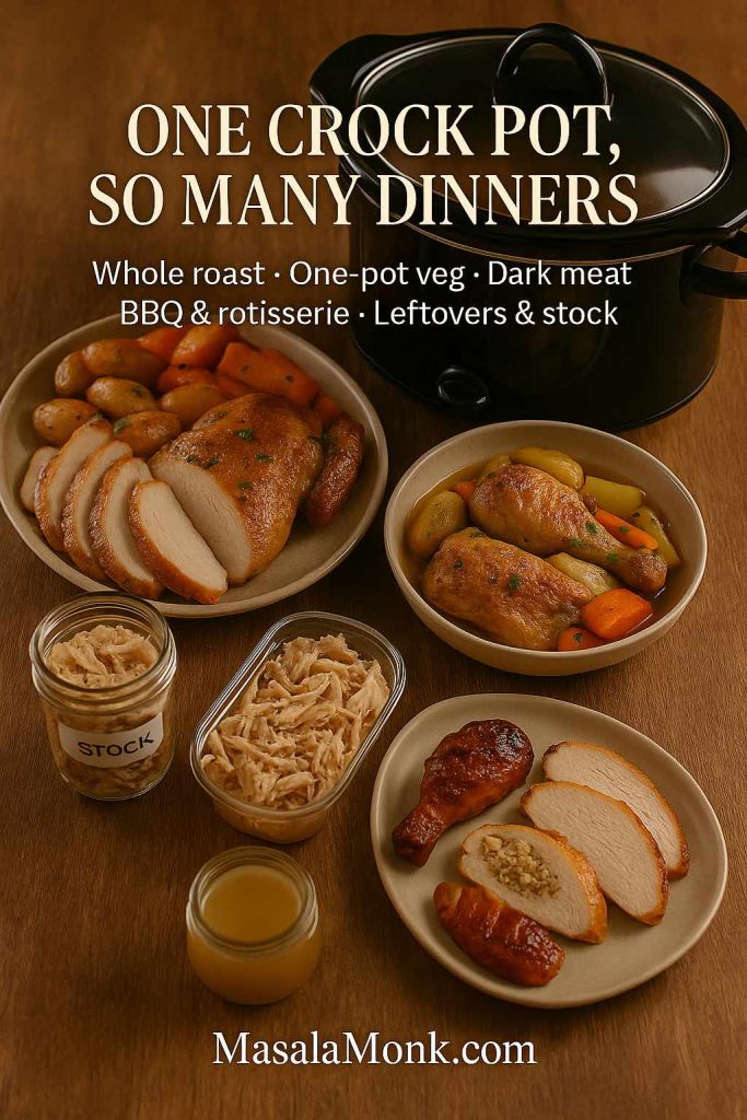Black crock pot surrounded by plates of sliced roast chicken with vegetables, dark meat pieces, BBQ and stuffed chicken, plus jars of shredded meat and stock, showing how one slow cooker whole chicken can make many different meals.