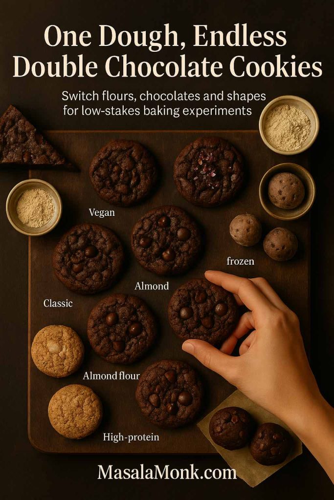 Assortment of double chocolate cookies and a cookie cake slice arranged on a wooden board and labeled classic, vegan, almond flour, high protein and frozen, with a hand reaching for one cookie and text reading One Dough, Endless Double Chocolate Cookies.