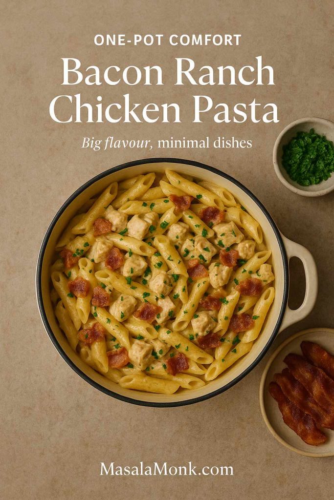 Overhead view of a cream Dutch oven filled with one-pot bacon ranch chicken pasta, topped with crispy bacon and parsley, with bowls of bacon and herbs on the side.