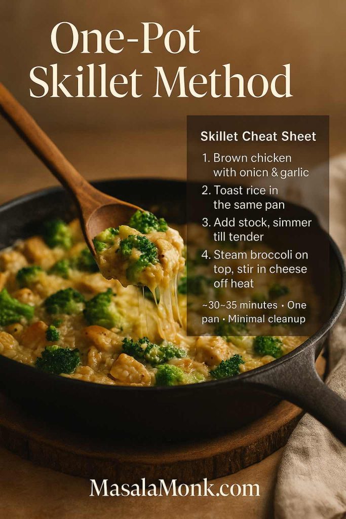 One-pot skillet of cheesy chicken broccoli rice with broccoli and melted cheese, a wooden spoon lifting a portion, plus text overlay showing a four-step skillet cheat sheet.