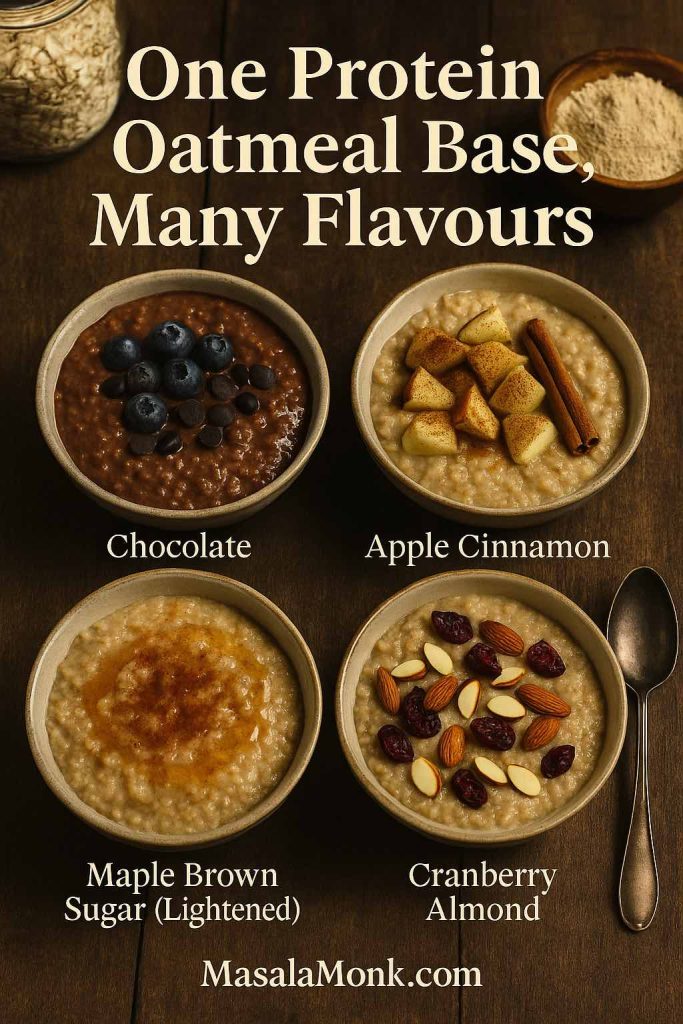 Four bowls of protein oatmeal on a wooden table showing chocolate, apple cinnamon, maple brown sugar and cranberry almond flavours with text saying one protein oatmeal base, many flavours.