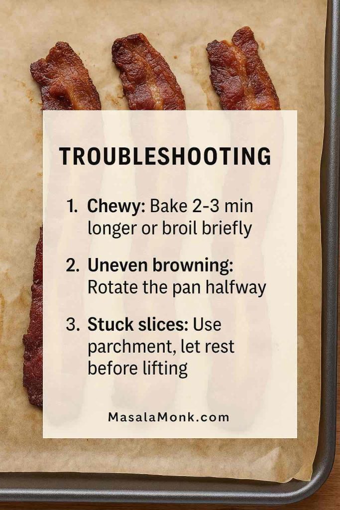 Troubleshooting overlay on baked bacon: bake longer or brief broil, rotate pan halfway, use parchment and let rest