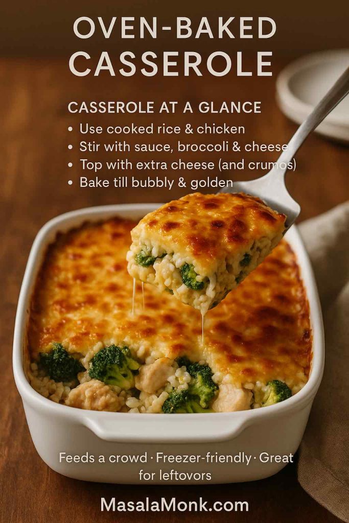 Oven-baked cheesy chicken broccoli rice casserole in a white ceramic dish with a golden bubbly cheese topping, one square being lifted out on a spatula, with text overlay explaining the casserole method steps.