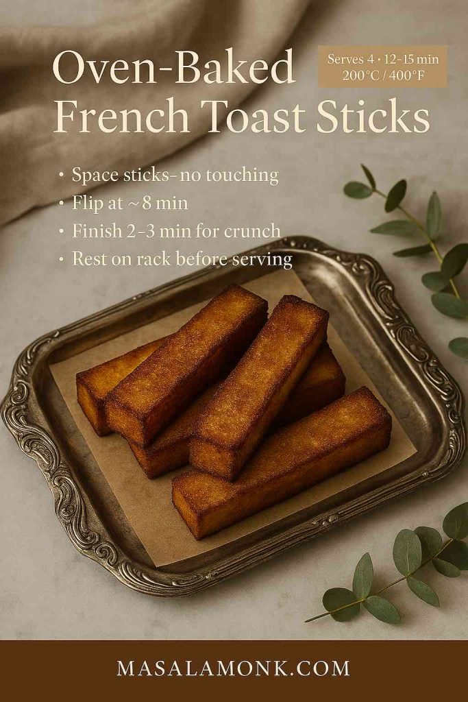 Oven-baked French toast sticks on an antique silver tray with parchment—golden, crisp edges and soft centers; MasalaMonk recipe card.