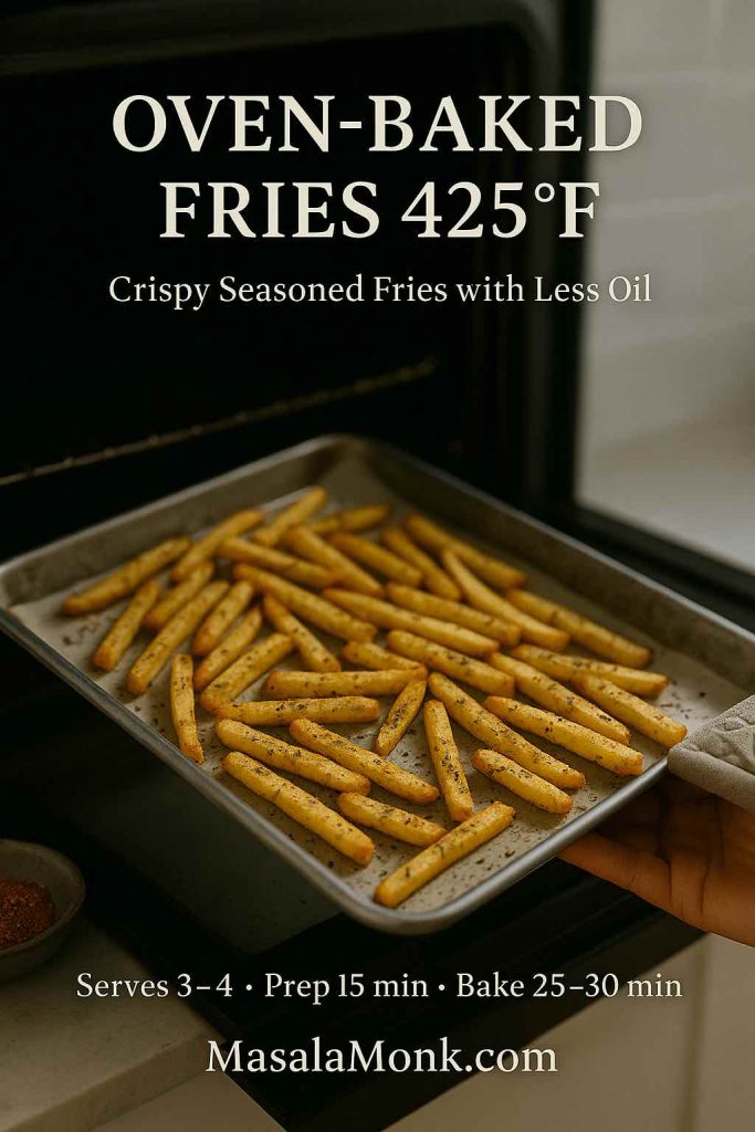 Recipe card showing a tray of oven-baked seasoned fries at 425 degrees, held with an oven mitt, with serving size and baking time details.