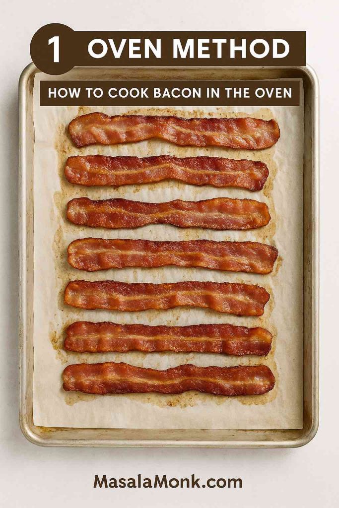 Parchment-lined sheet pan with evenly browned bacon strips—step 1 oven method for cooking bacon at 400°F