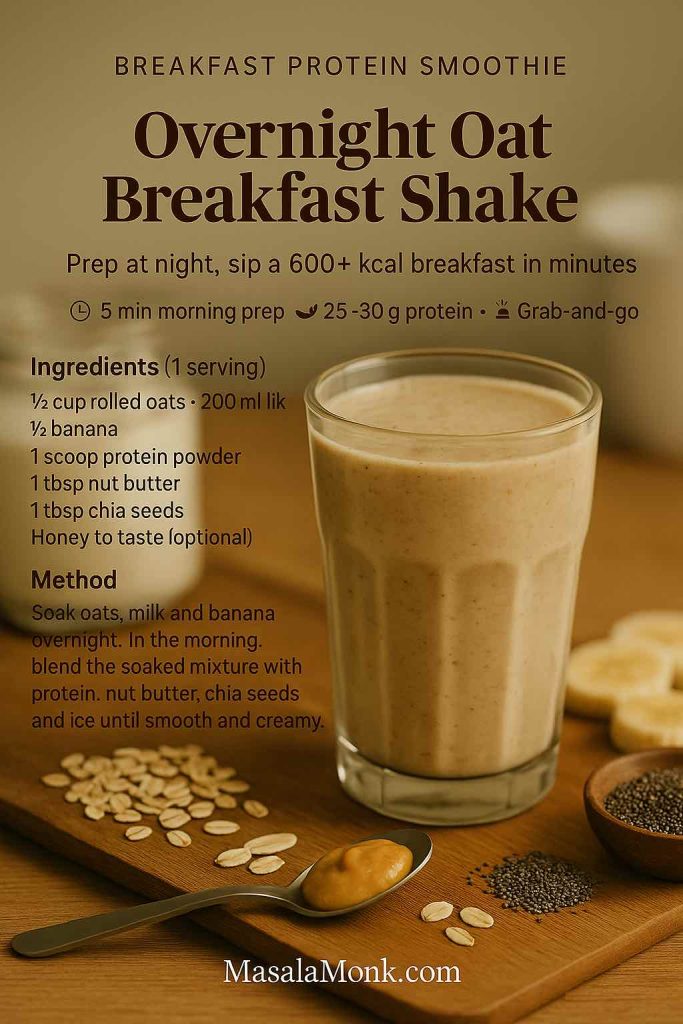 Overnight Oat Breakfast Shake high calorie protein smoothie recipe card showing a thick oat and banana shake in a glass with oats, chia seeds and nut butter on a wooden board, from MasalaMonk.com