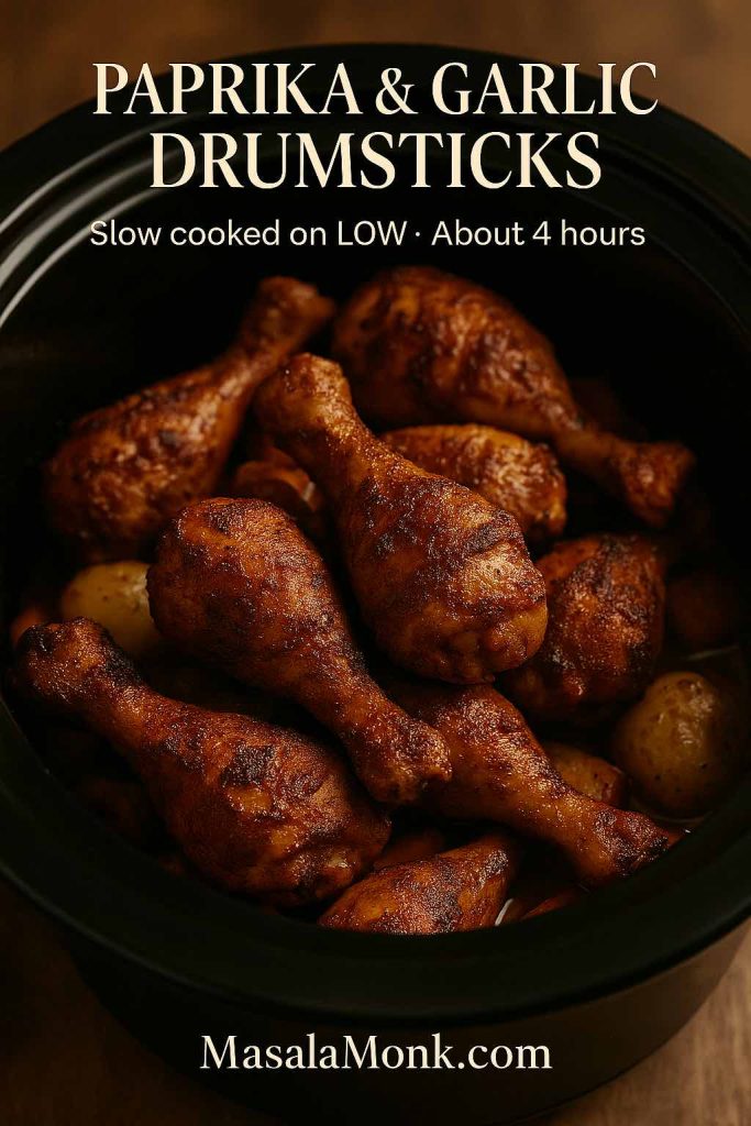 Black slow cooker filled with paprika and garlic rubbed chicken drumsticks and potatoes, showing the slow cooked drumstick variation of the crock pot chicken recipe.