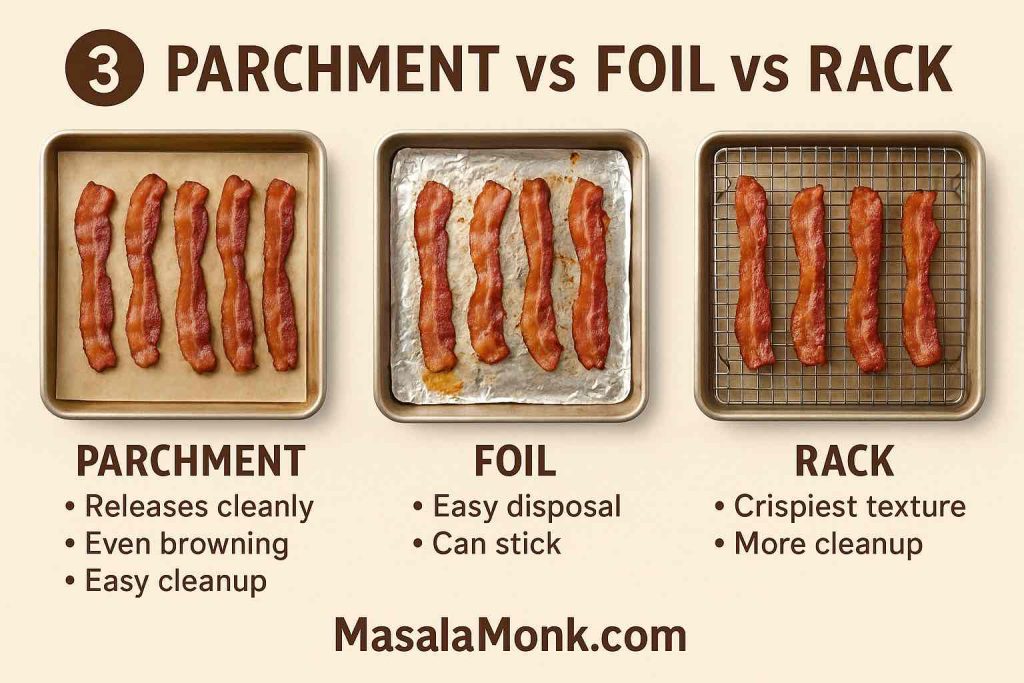 Side-by-side comparison of bacon baked on parchment, foil, and wire rack showing release and crispness differences