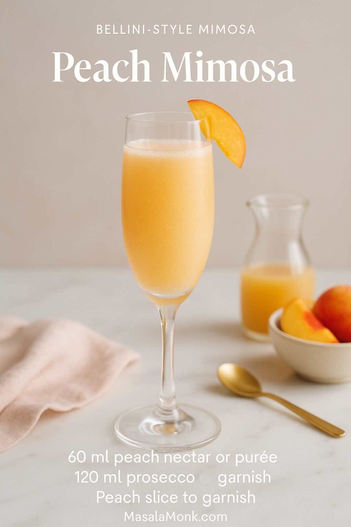 Peach mimosa recipe card with an elegant Champagne flute filled with a pastel peach Bellini-style cocktail made from 60 ml peach nectar and 120 ml prosecco, garnished with a peach slice on a light marble brunch table, MasalaMonk.com branding.