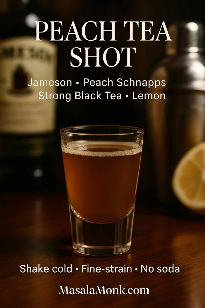 Magazine-style recipe card of a Peach Tea Shot made with Jameson, peach schnapps, strong brewed black tea, and a touch of lemon; amber-gold hue with elegant bar props; MasalaMonk.com footer