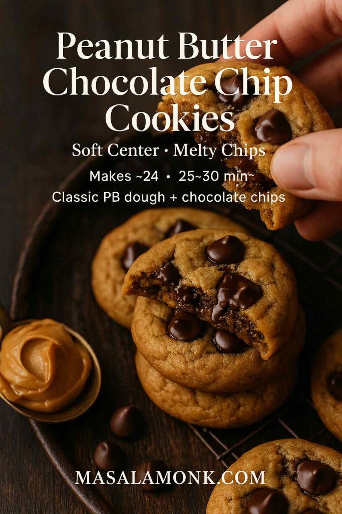 Peanut butter chocolate chip cookies with gooey melted chips—hand breaking a warm cookie on a rustic wood surface, soft center visible.