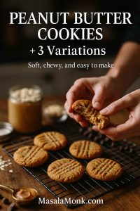 Hands breaking a soft, chewy peanut butter cookie over a cooling rack with classic crosshatch; jar of peanut butter and oats in the background—peanut butter cookies with 3 variations.