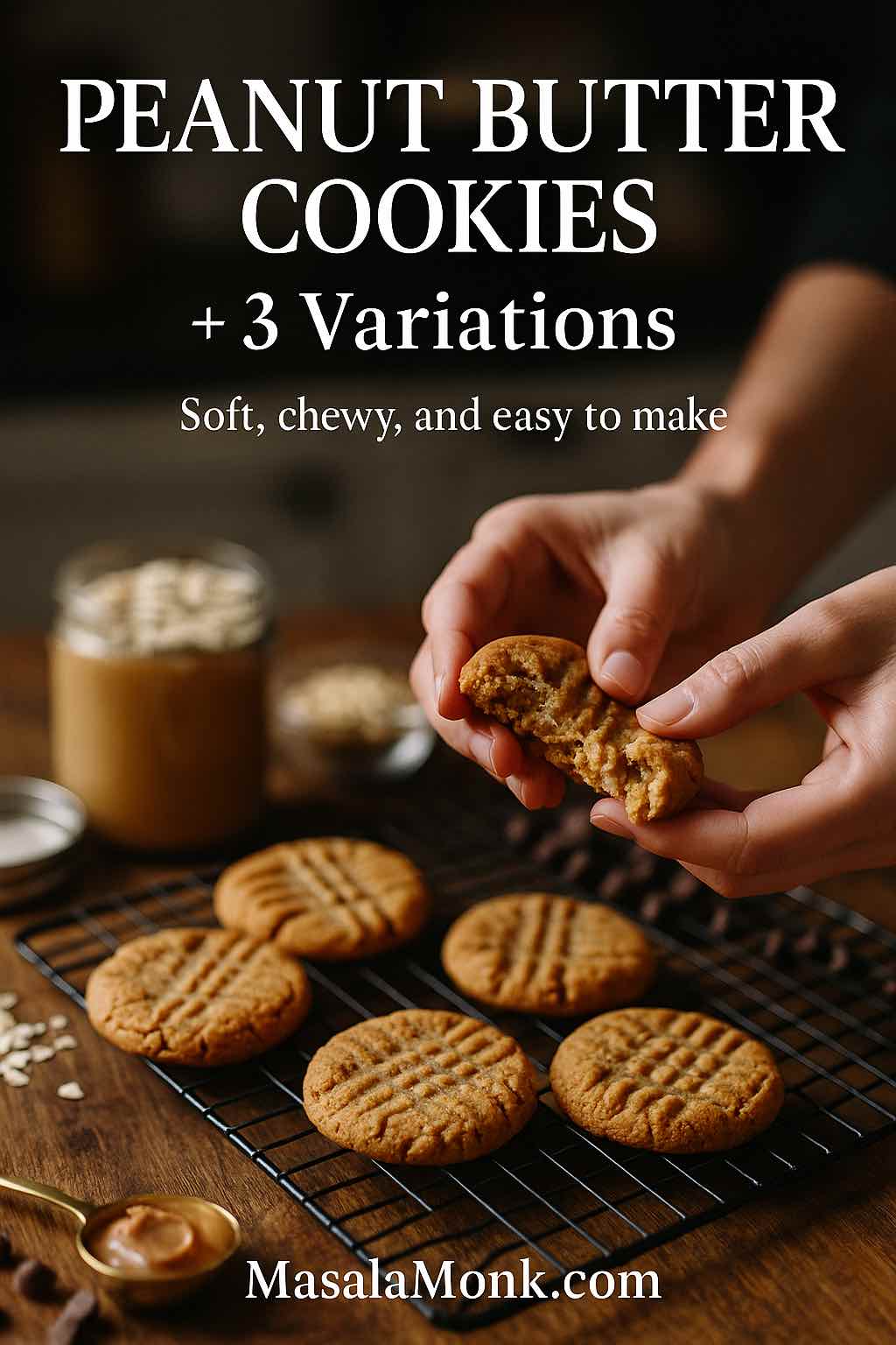 Hands breaking a soft, chewy peanut butter cookie over a cooling rack with classic crosshatch; jar of peanut butter and oats in the background—peanut butter cookies with 3 variations.