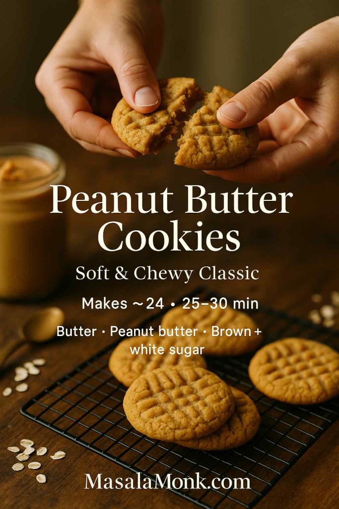 Soft and chewy peanut butter cookies recipe—hands breaking a crosshatched cookie over a cooling rack with a jar of peanut butter in the background.