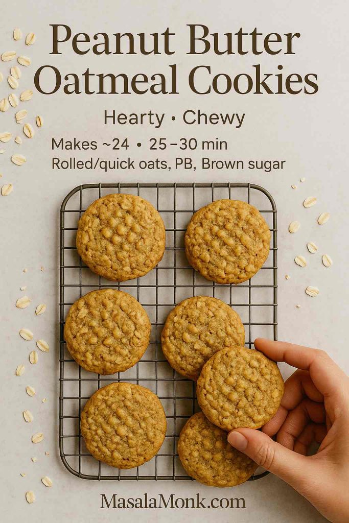 Chewy peanut butter oatmeal cookies on a cooling rack—hand lifting one cookie with scattered rolled oats; hearty texture, makes about 24 in 25–30 minutes.
