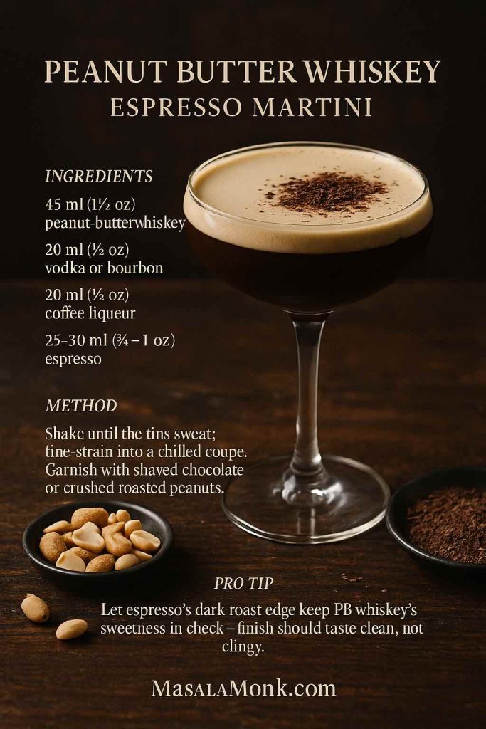 Recipe card: Peanut-Butter Whiskey Espresso Martini—45 ml PB whiskey, 20 ml vodka/bourbon, 20 ml coffee liqueur, 25–30 ml espresso; shake; chocolate garnish.