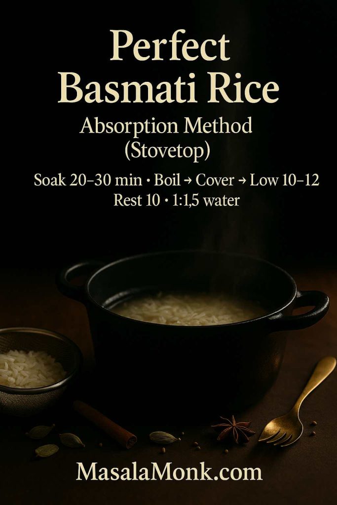 Black enamel pot with steam and soaked basmati; soak 20–30 min, boil → cover → low 10–12, rest 10; 1:1.5 water.