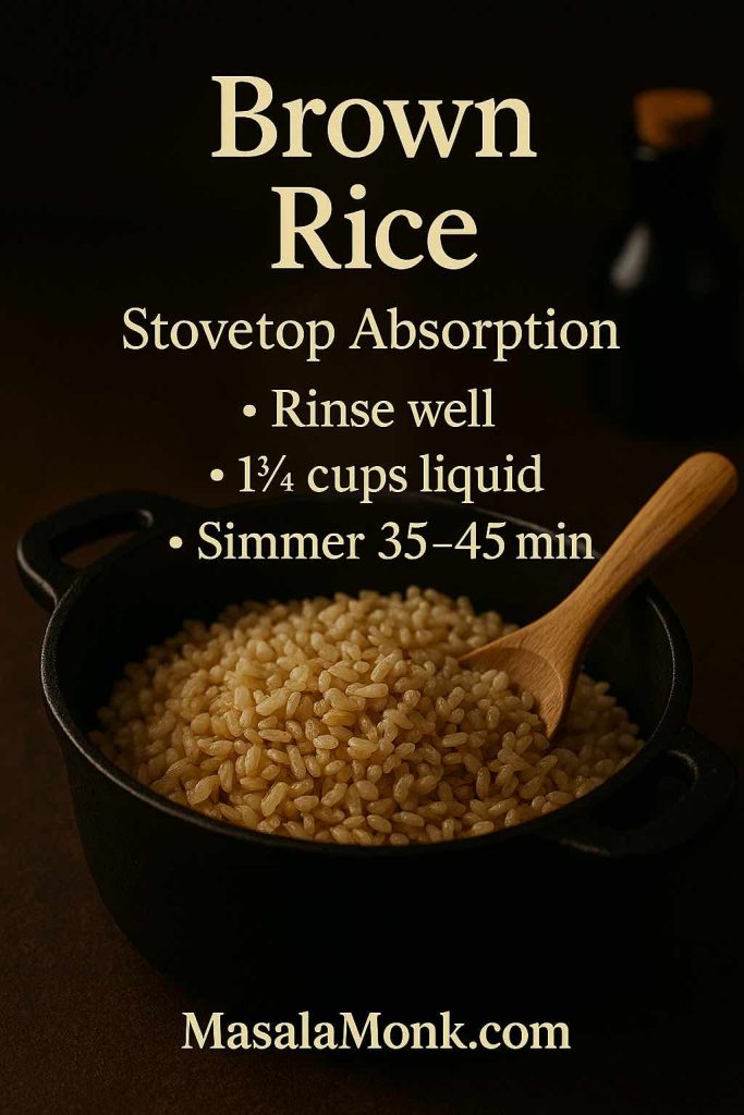 Cast-iron pot of cooked brown rice; stovetop absorption method—rinse, 2–2¼ cups water per cup rice, boil then cover and low simmer 35–45 minutes, rest 10.