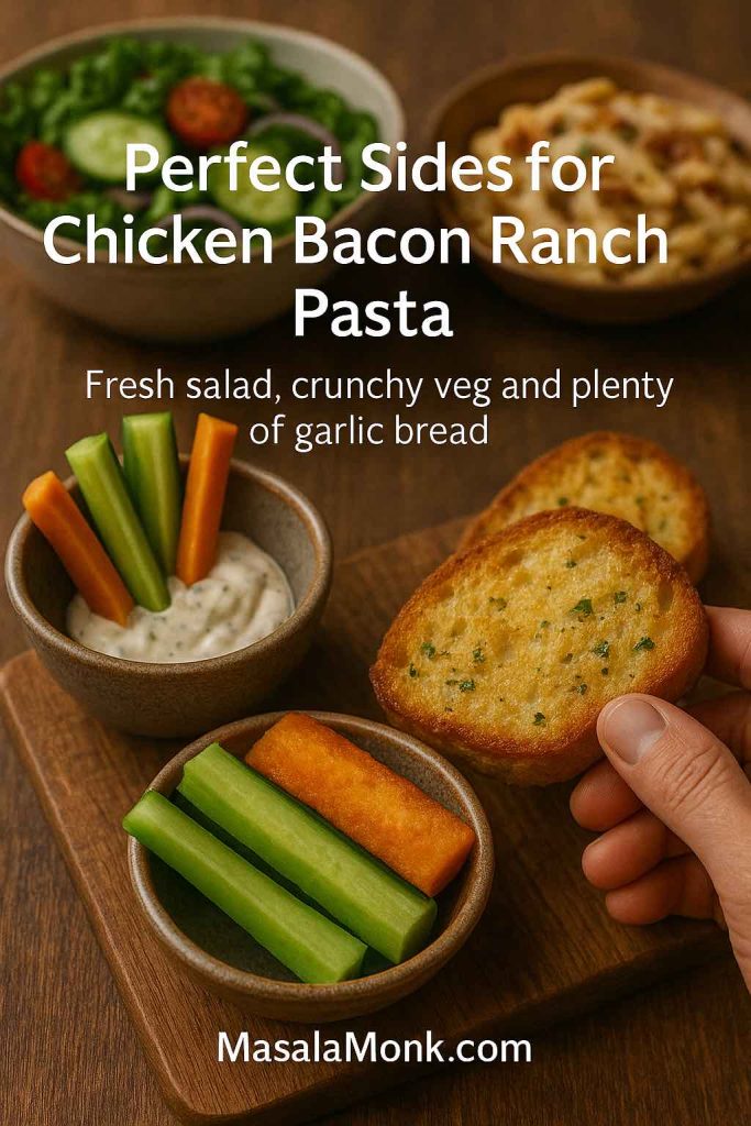 Garlic bread, veggie sticks with ranch dip and a fresh green salad in the foreground, with a blurred bowl of chicken bacon ranch pasta in the background to highlight the best side dishes.