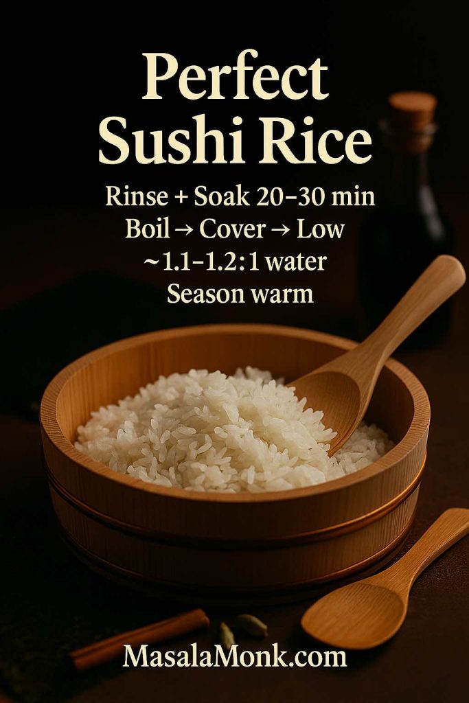 Hangiri filled with glossy sushi rice; rinse and soak 20–30 minutes, boil then cover and cook on low with ~1.1–1.2:1 water; rest 10 minutes and season warm.
