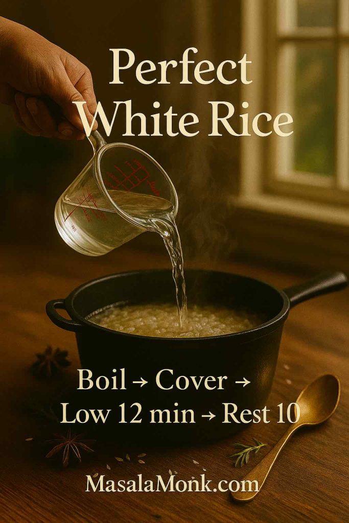 Daylight kitchen: water pours from a glass measuring cup into a pot of rinsed white rice; stovetop method—boil, cover, low 12 minutes, rest 10.